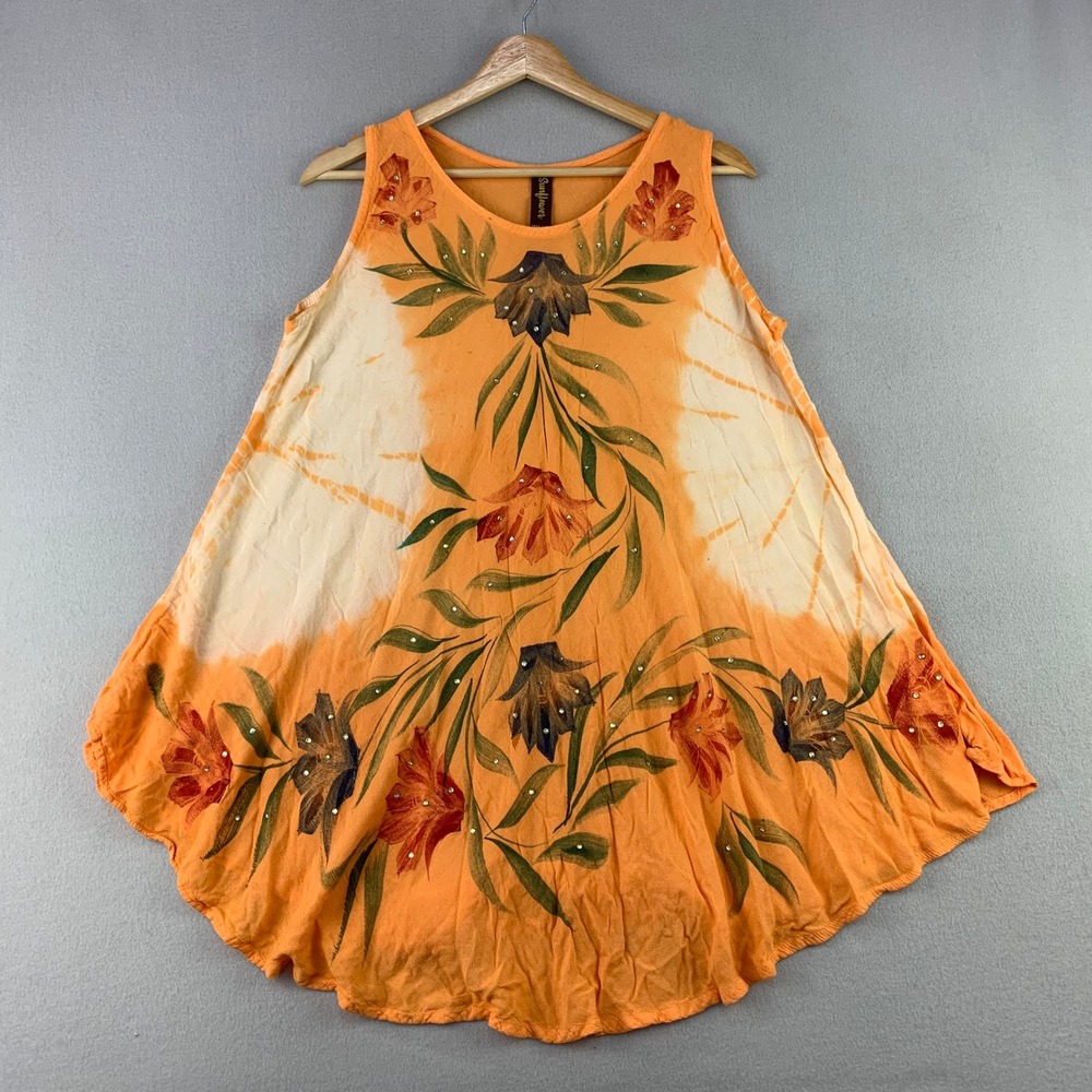 Sunflower Floral Tie Dye Tank Top Women Free Size Orange Boho Crinkle Rayon